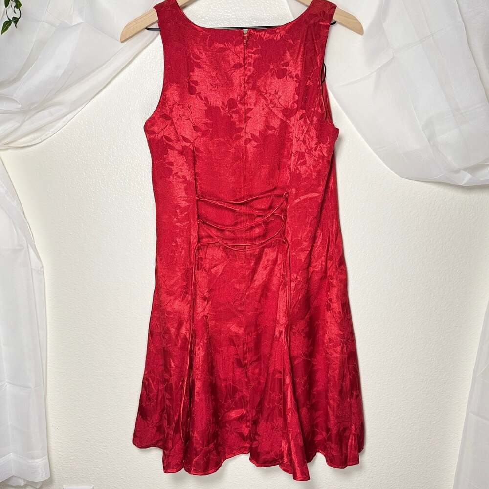 Vintage Red Satin-like Floral Jacquard Lace-Up Corset Back Mini Dress